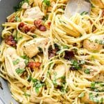 Chicken Carbonara in a pan shot from the side