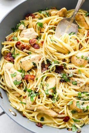 Chicken Carbonara in a pan shot from the side