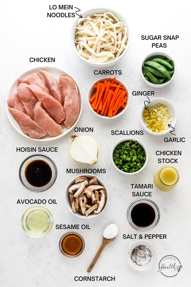 Ingredients with label text on white surface