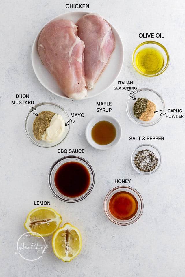 Ingredients with label text on white surface