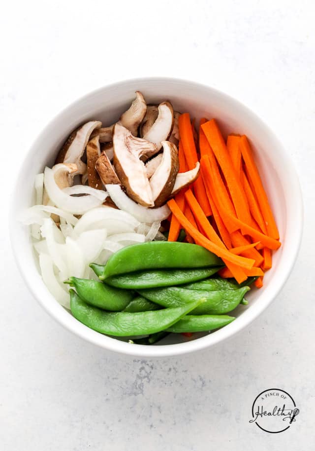 veggies in a bowl in separate piles