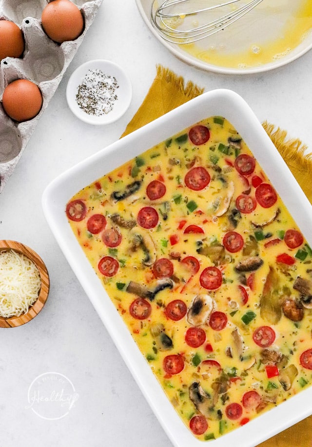 assembled veggie breakfast casserole before baking