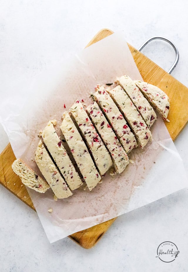cooked Christmas biscotti sliced on the diagonal