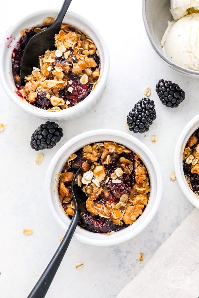 single serving blackberry crisp after baking