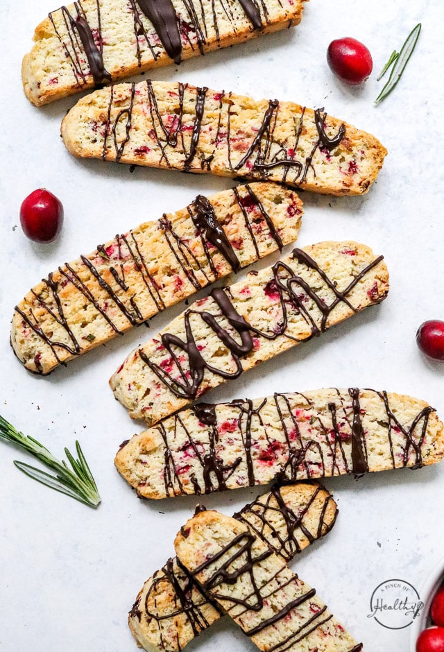Christmas biscotti drizzled with dark chocolate
