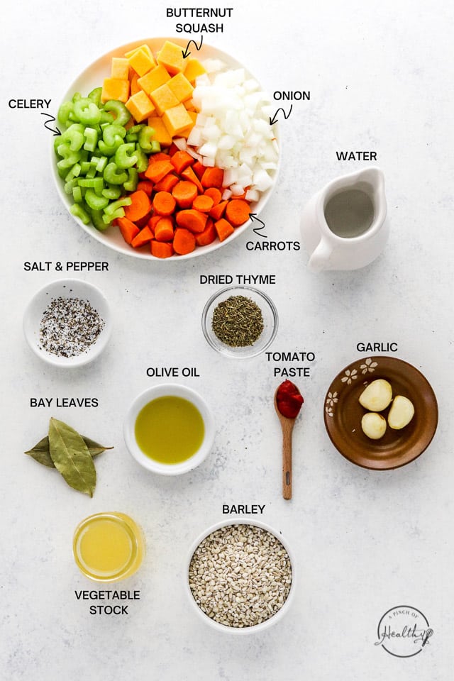 Ingredients with label text on white surface