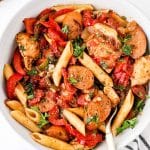 Jambalaya Pasta in a white bowl