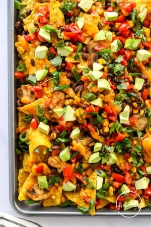 vegan nachos on a sheet pan