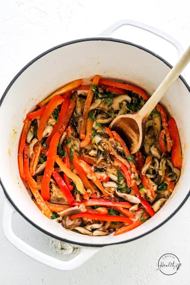 cooking veggies with miso in a pot