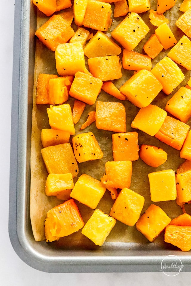 roasted butternut squash on a pan