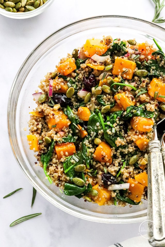 quinoa salad with winter veggies in a large serving bowl