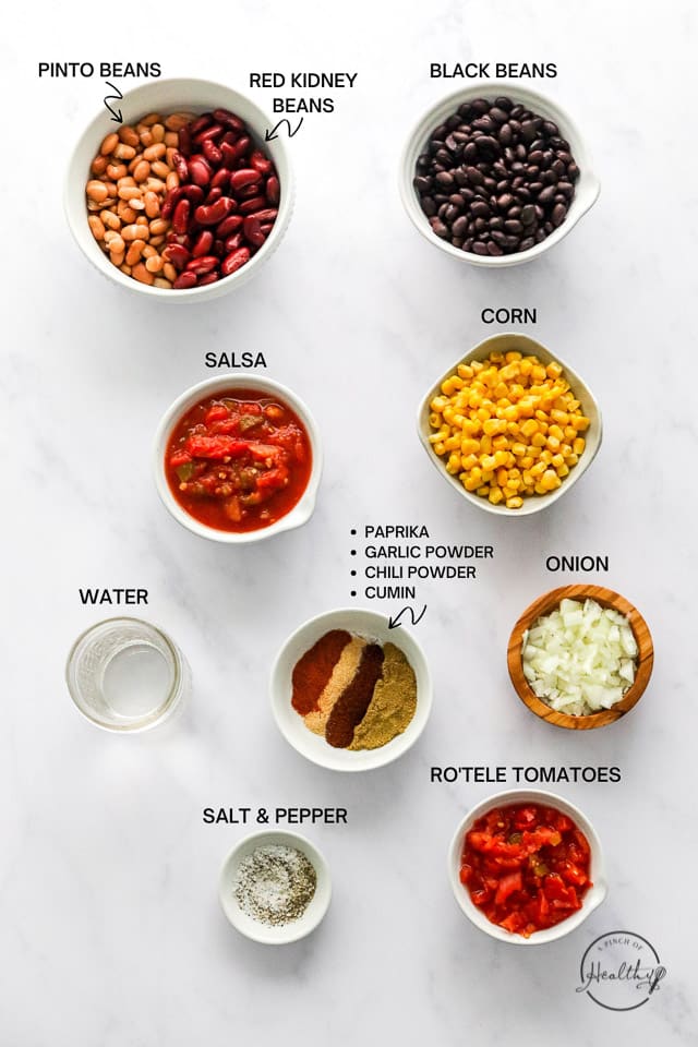 Ingredients with label text on white surface