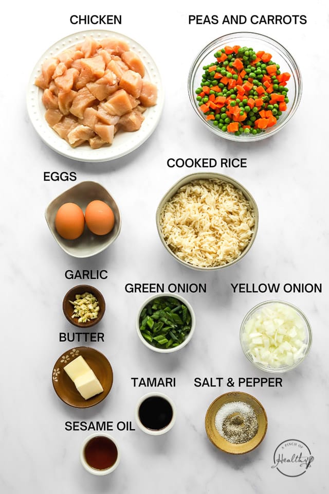 Ingredients with label text on white surface