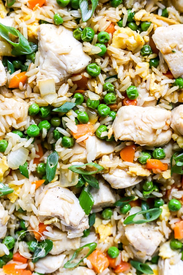 closeup of chicken fried rice
