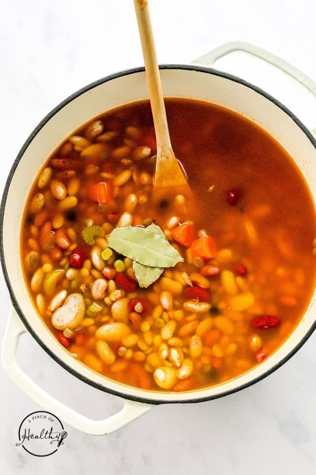 adding bay leaves to vegetarian 15 bean soup