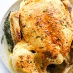 Instant Pot whole rotisserie chicken on a plate