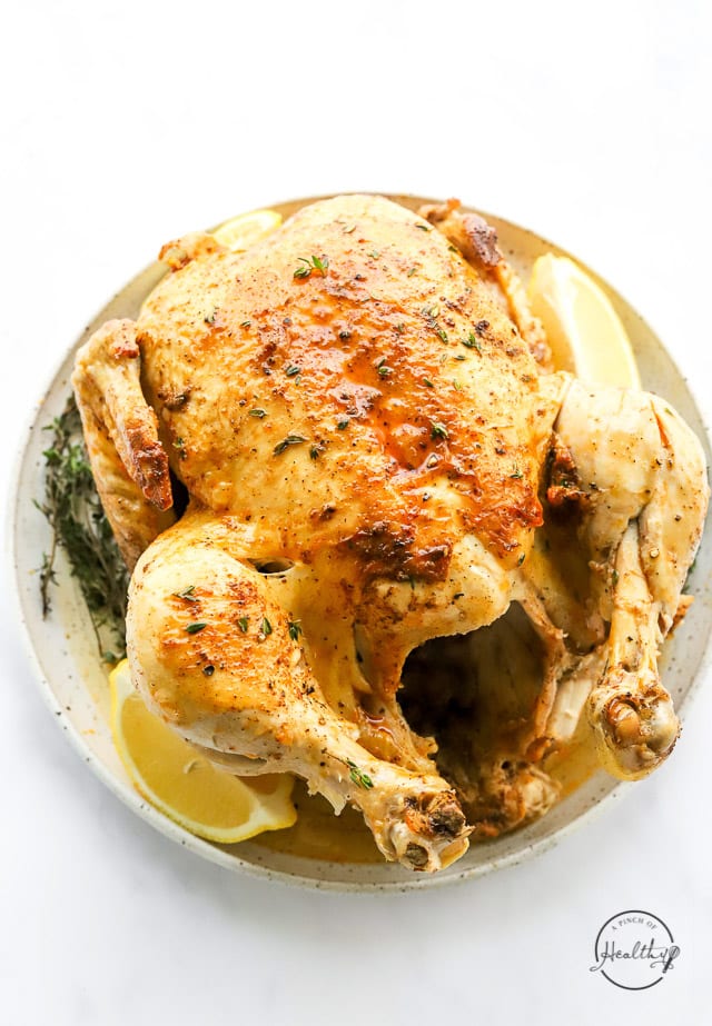 Instant Pot rotisserie chicken on a plate
