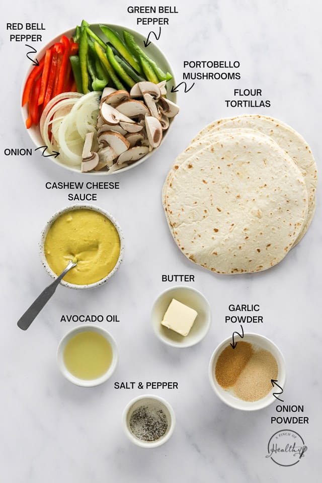 Ingredients with label text on white surface