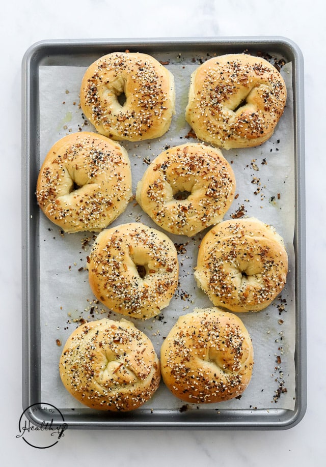 baked everything bagels on baking sheet