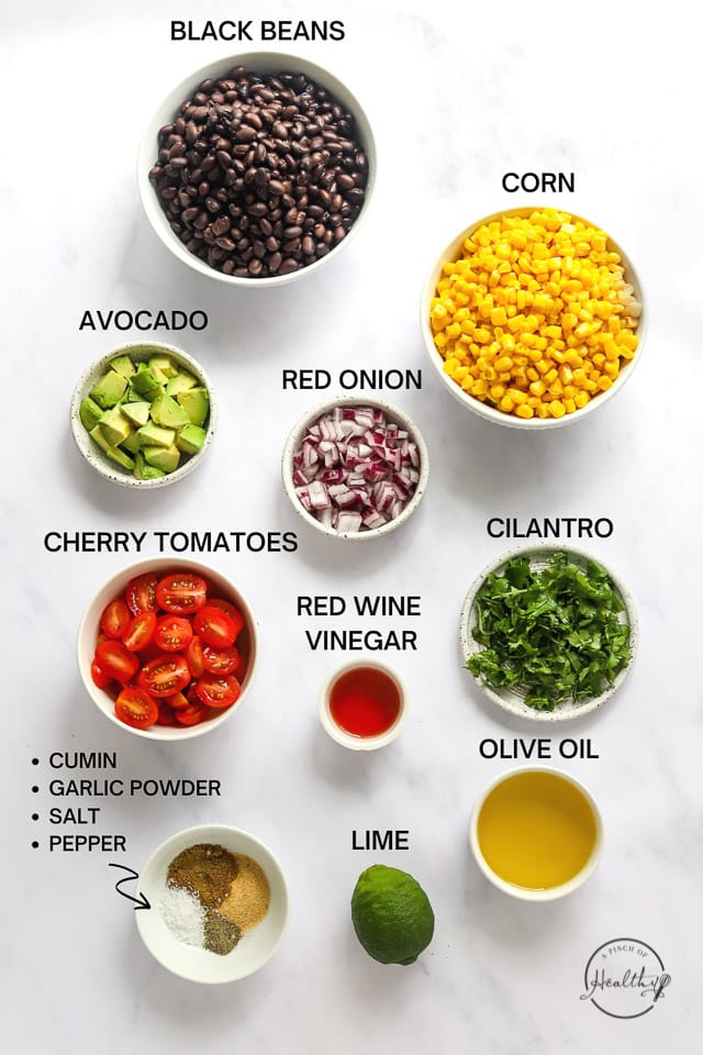 Ingredients with label text on white surface