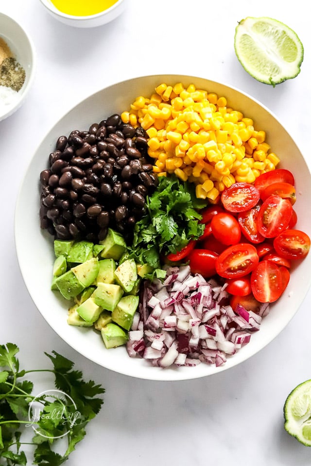 individual piles of vegetables in a mixing bowl