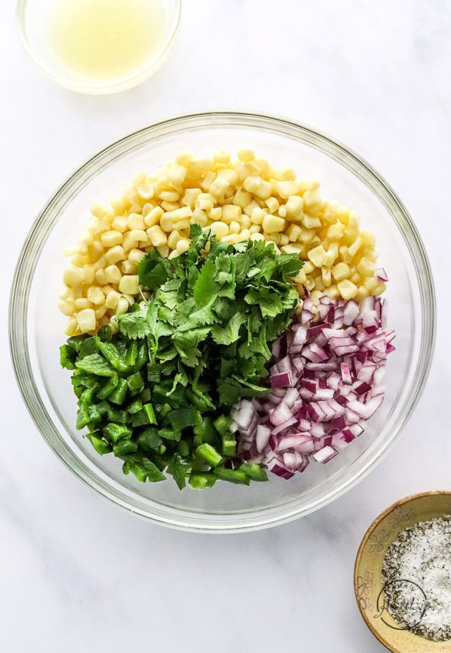 individual veggie piles in a mixing bowl