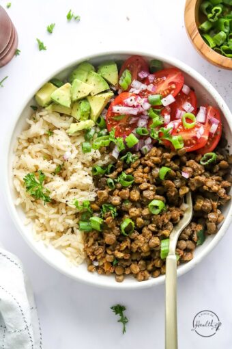 Instant Pot Lentils styled with rice and veggies