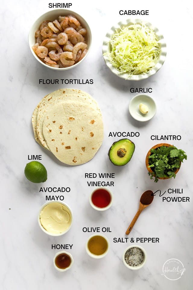 Ingredients with label text on white surface