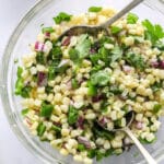 corn salsa shot closeup in a bowl