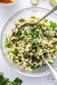 corn salsa shot closeup in a bowl