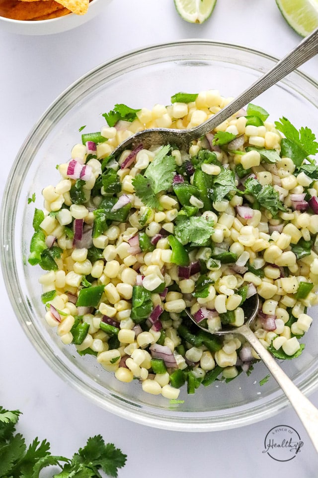 corn salsa shot closeup in a bowl