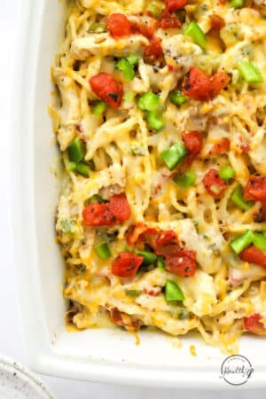 chicken spaghetti closeup in a casserole dish