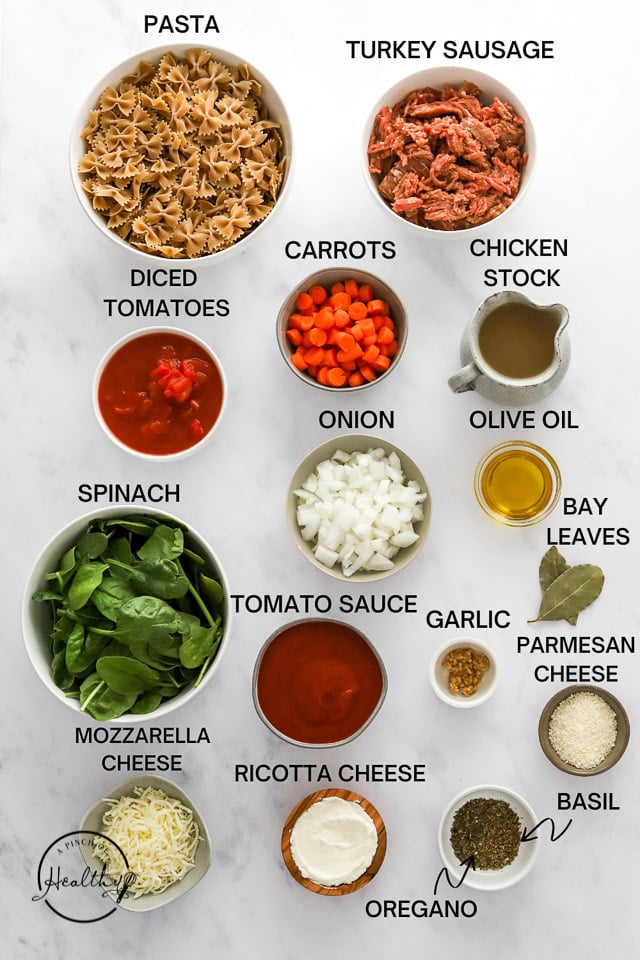 Ingredients with label text on white surface