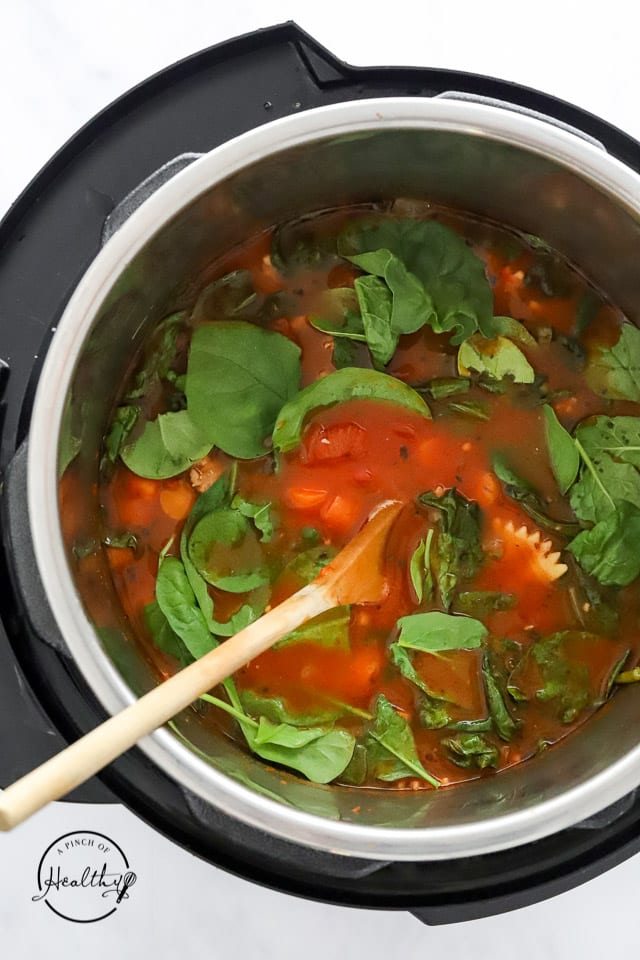 adding spinach to Instant Pot lasagne soup