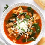 Instant Pot Lasagna Soup in a white bowl with spoon