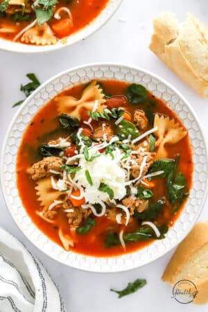 Instant Pot Lasagna Soup in a white bowl with spoon