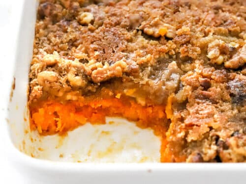 Styled sweet potato casserole closeup in a casserole dish