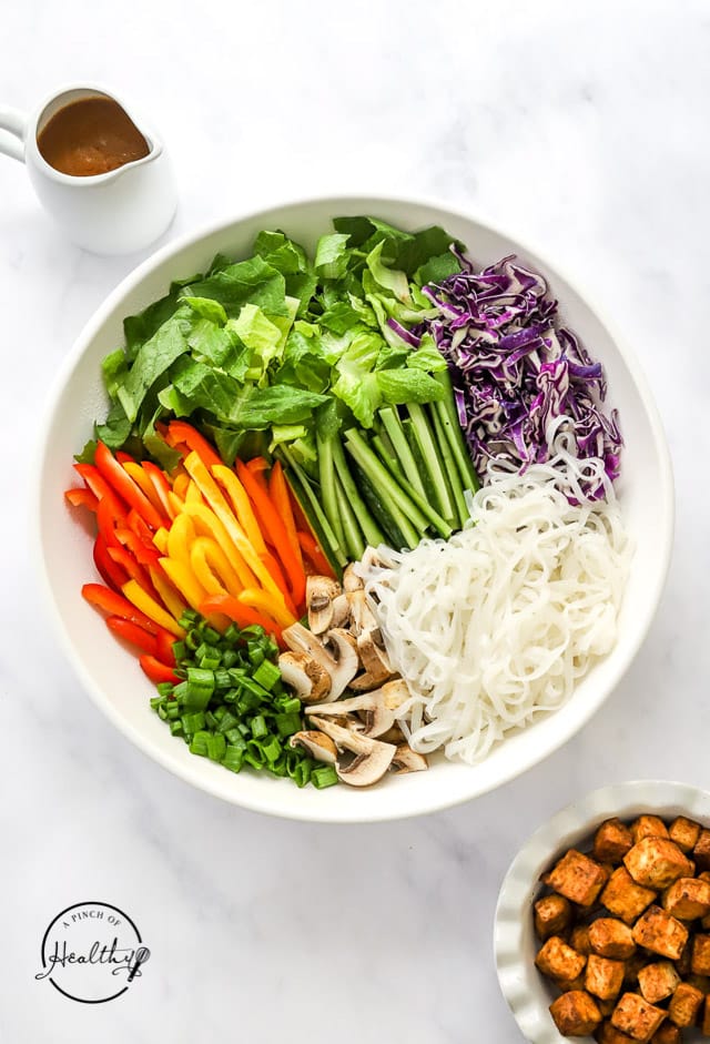 veggie ingredients in a bowl in separate piles