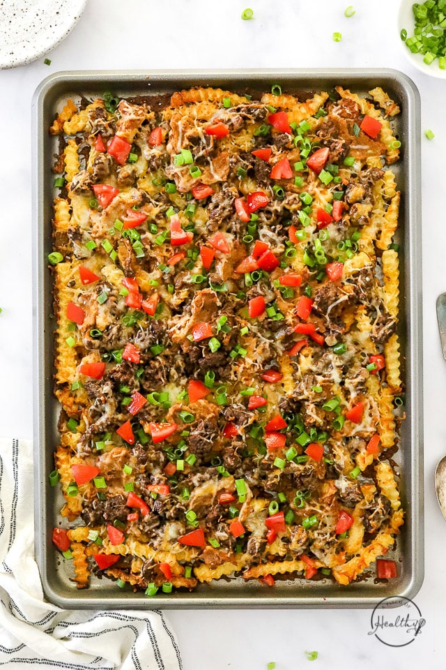 styled pan of loaded nacho fries