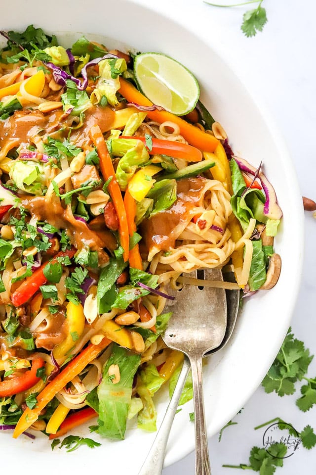 Thai Noodle Salad closeup with a serving utensils