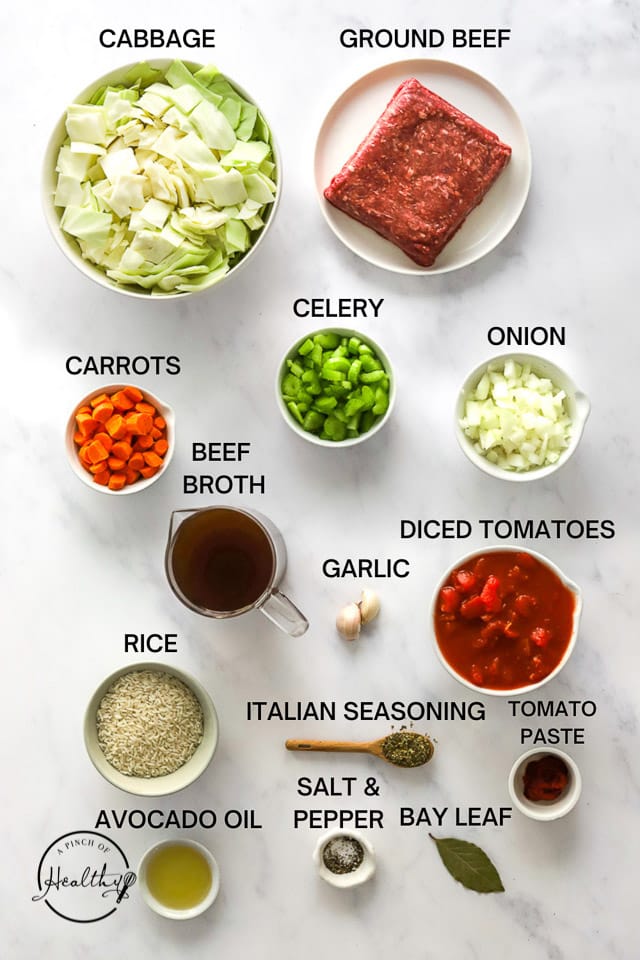 Ingredients with label text on white surface