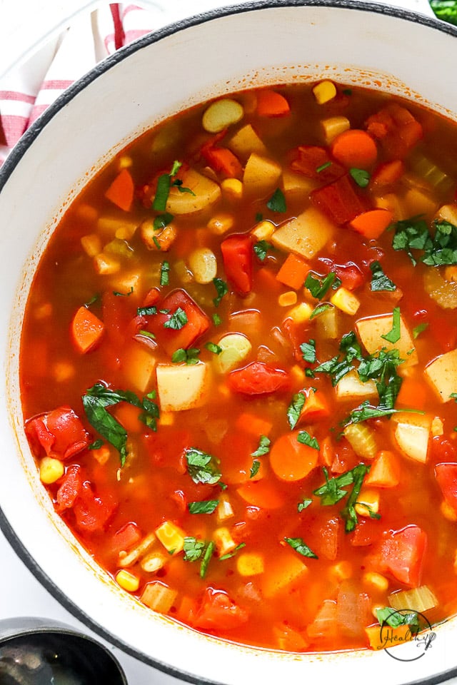 homemade vegetable soup in a pot, shot closeup and off center