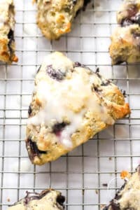 lemon blueberry scones on a cooling rack