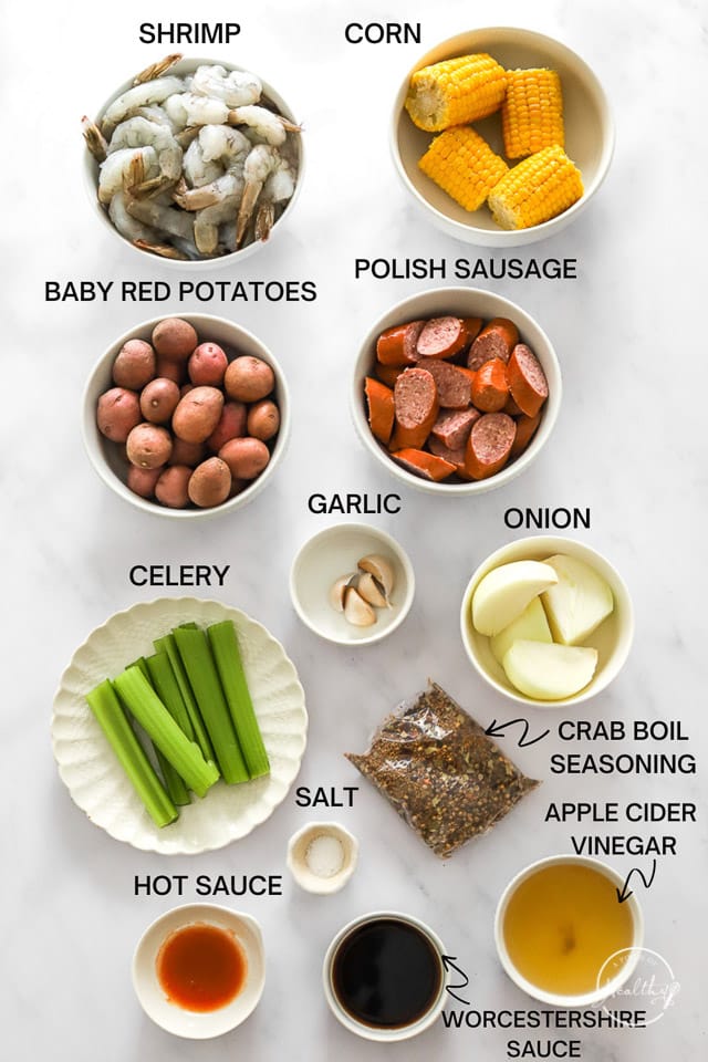 Ingredients with label text on white surface