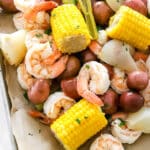 low country boil styled on a sheet pan