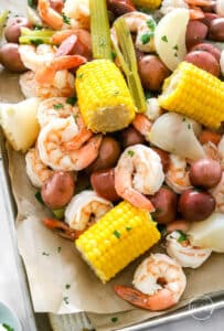 low country boil styled on a sheet pan