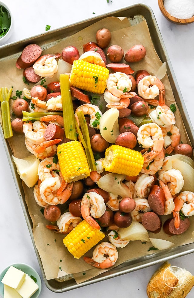 low country boil styled on a sheet pan