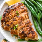 Blackened Tuna on a plate with green beans