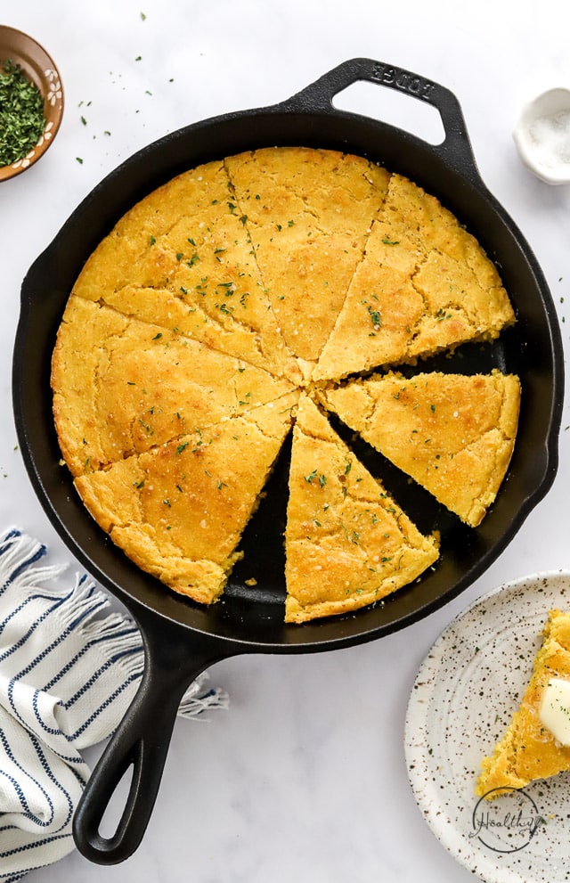 vegan cornbread in a cast iron skillet shot from overhead
