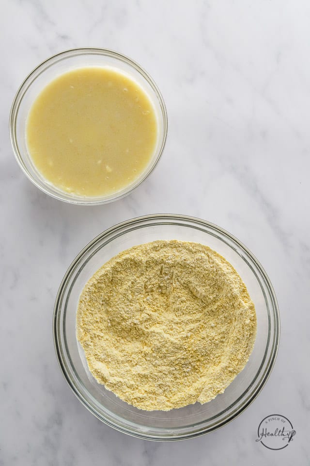 wet and dry ingredients in glass bowls
